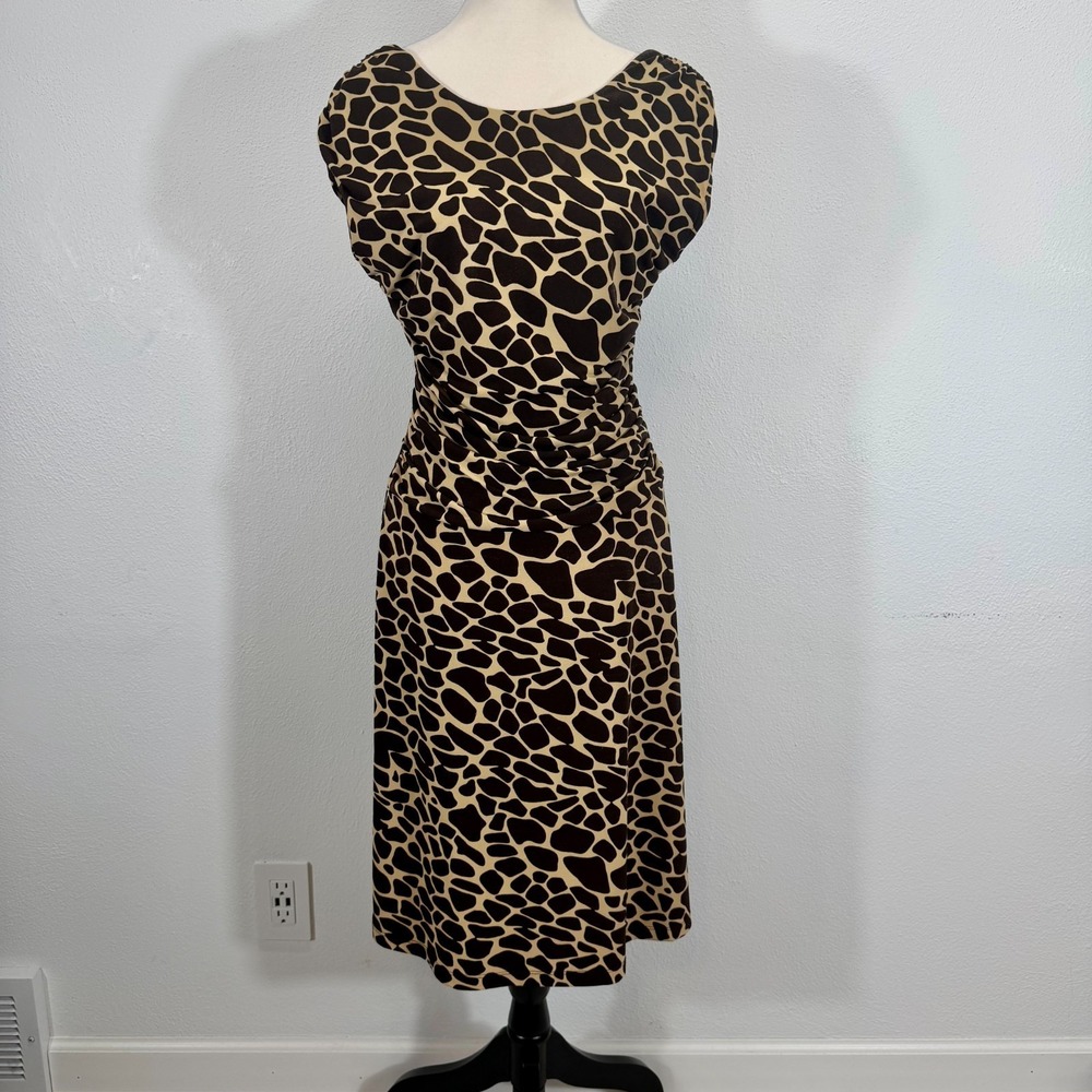 En Focus Studio Giraffe Print Ruched Bodycon Sheath Dress Brown Cream Size 10